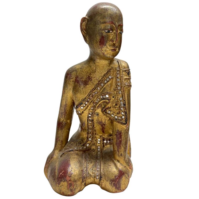 Hand-carved antique Burmese monk statue made of teak wood with gold leaf finish.
