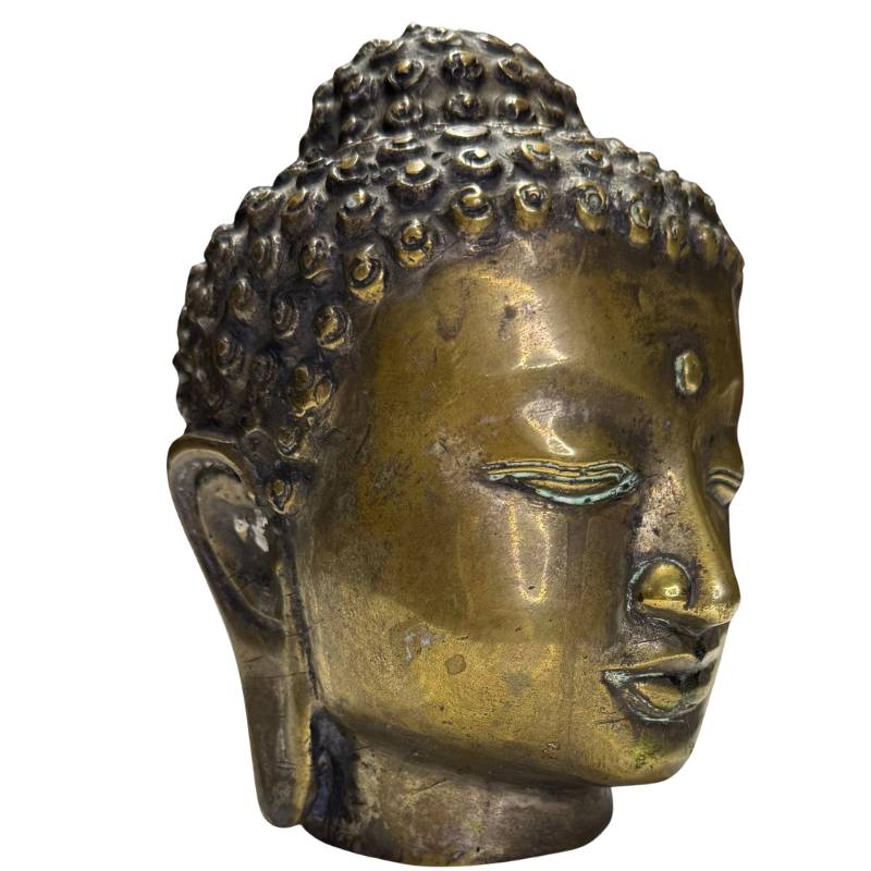 antique bronze Buddha head with fire gilding from Burma, Myanmar