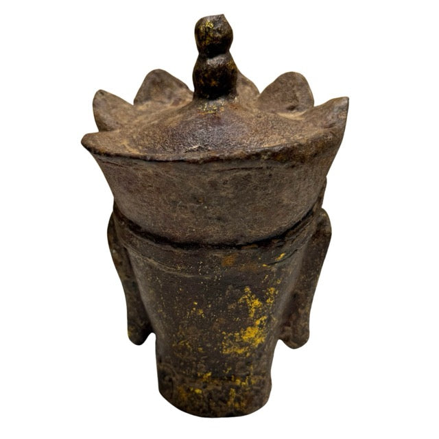 Antique Buddhist head of Ksitigarbha in cast iron with remnants of gold leaf