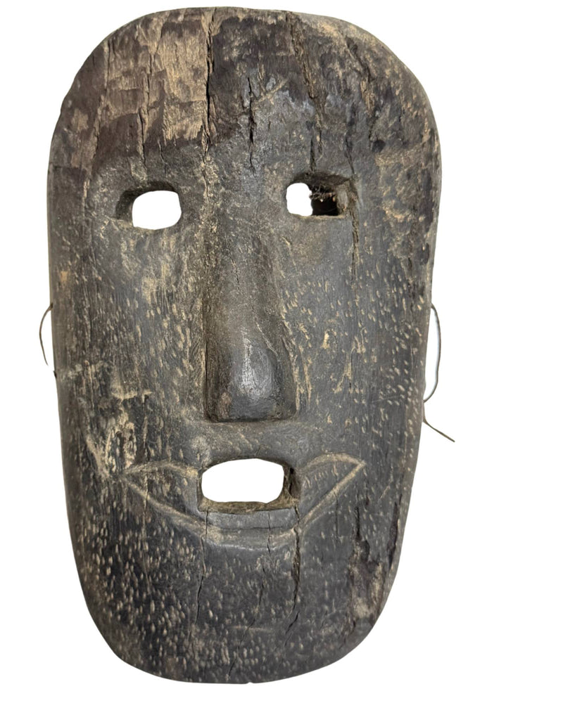 Masque de chaman antique en bois, large et décoratif – Sculpture géométrique des lèvres – Région himalayenne – 26 cm