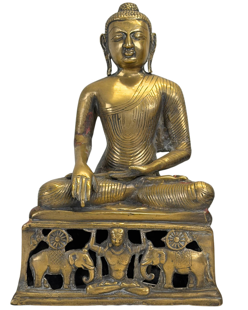 Statue de Bouddha en bronze antique avec socle ajouré en forme d'éléphant, 34 cm