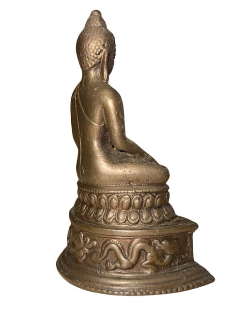 Antique bronze Buddha statue with lotus motif and refined throne decoration