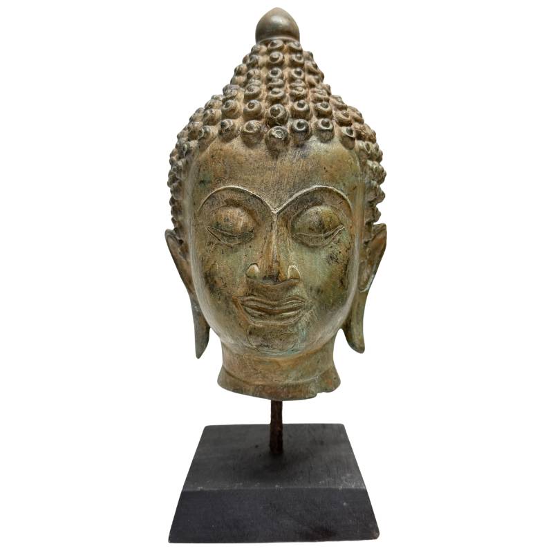 Antique bronze Buddha head from the 19th century with natural patina