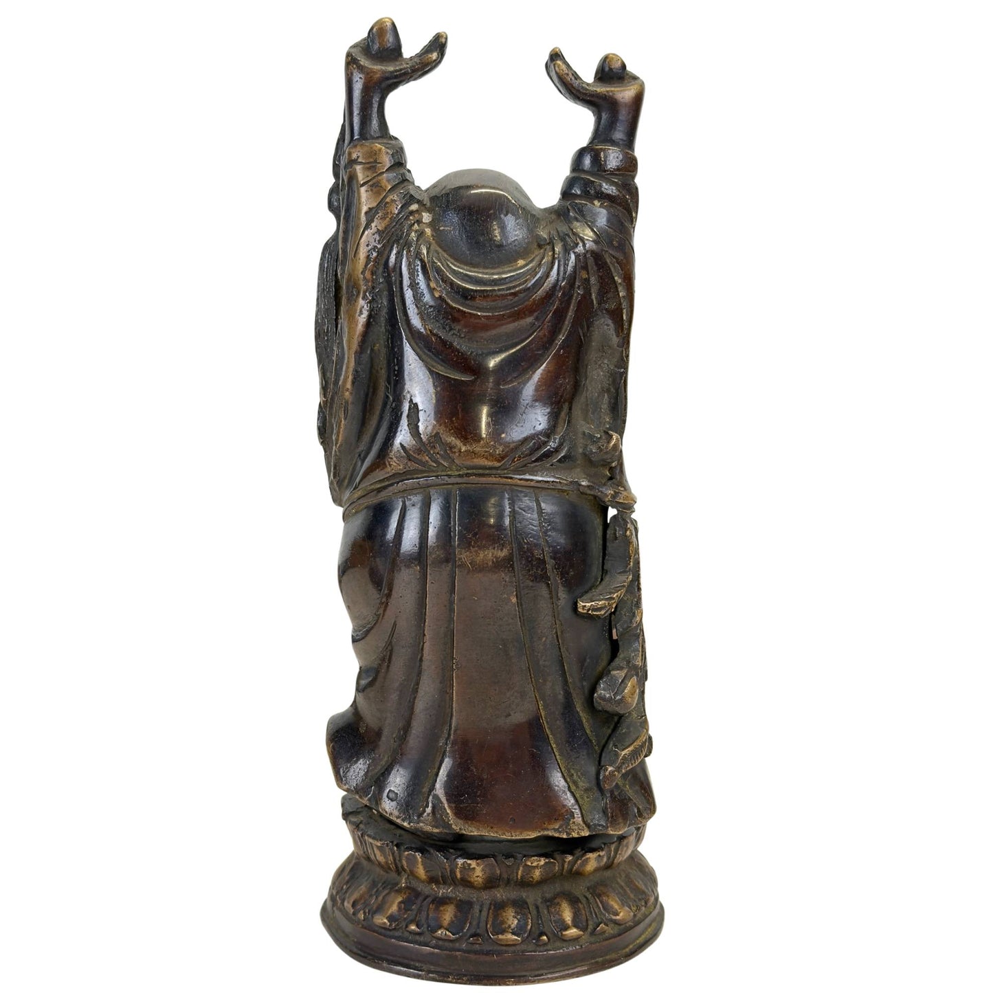 Volledig achteraanzicht van het antieke Chinese Budai bronsbeeld met donkere cupriethuid patina