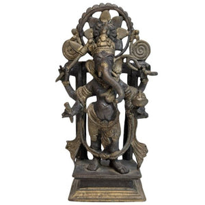 Ganesha antique en bronze massif, debout, auréolé et doré à la flamme – Himalaya