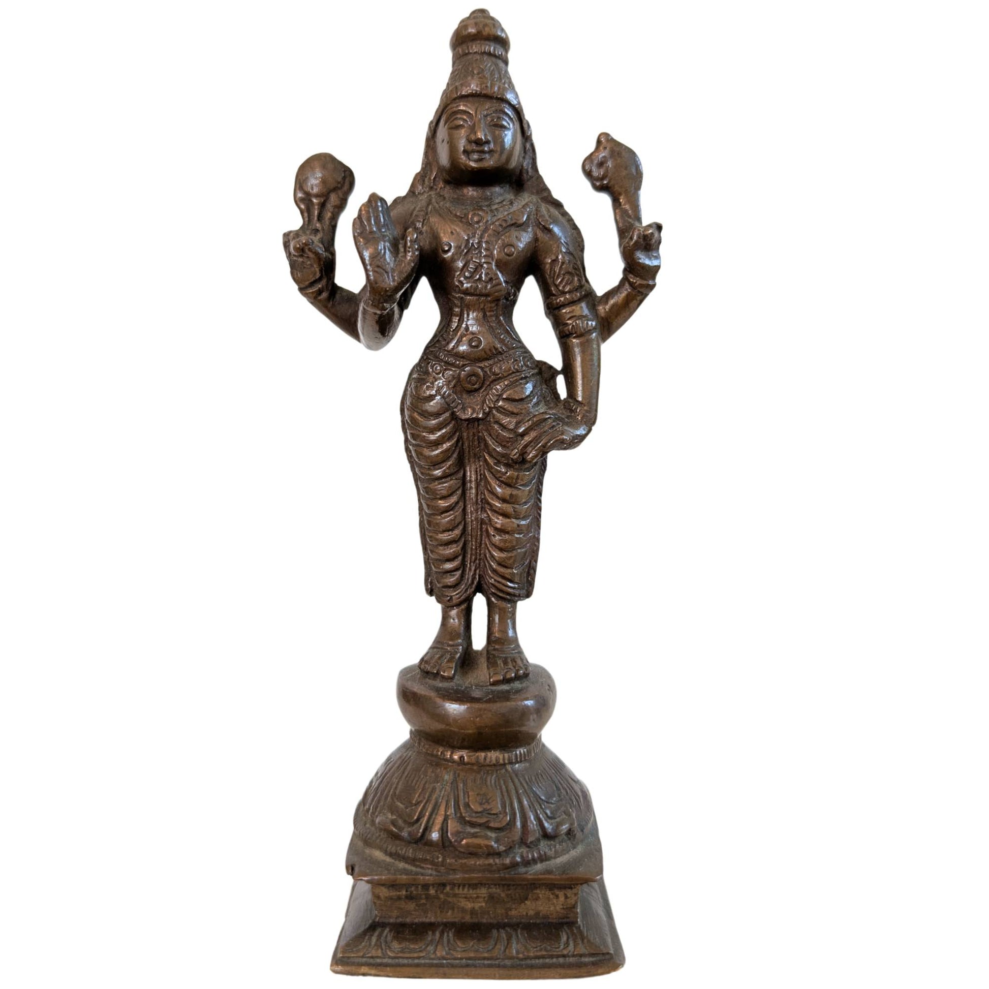 Antique bronze Vishnu statue from South India, ca. 1920, front view.