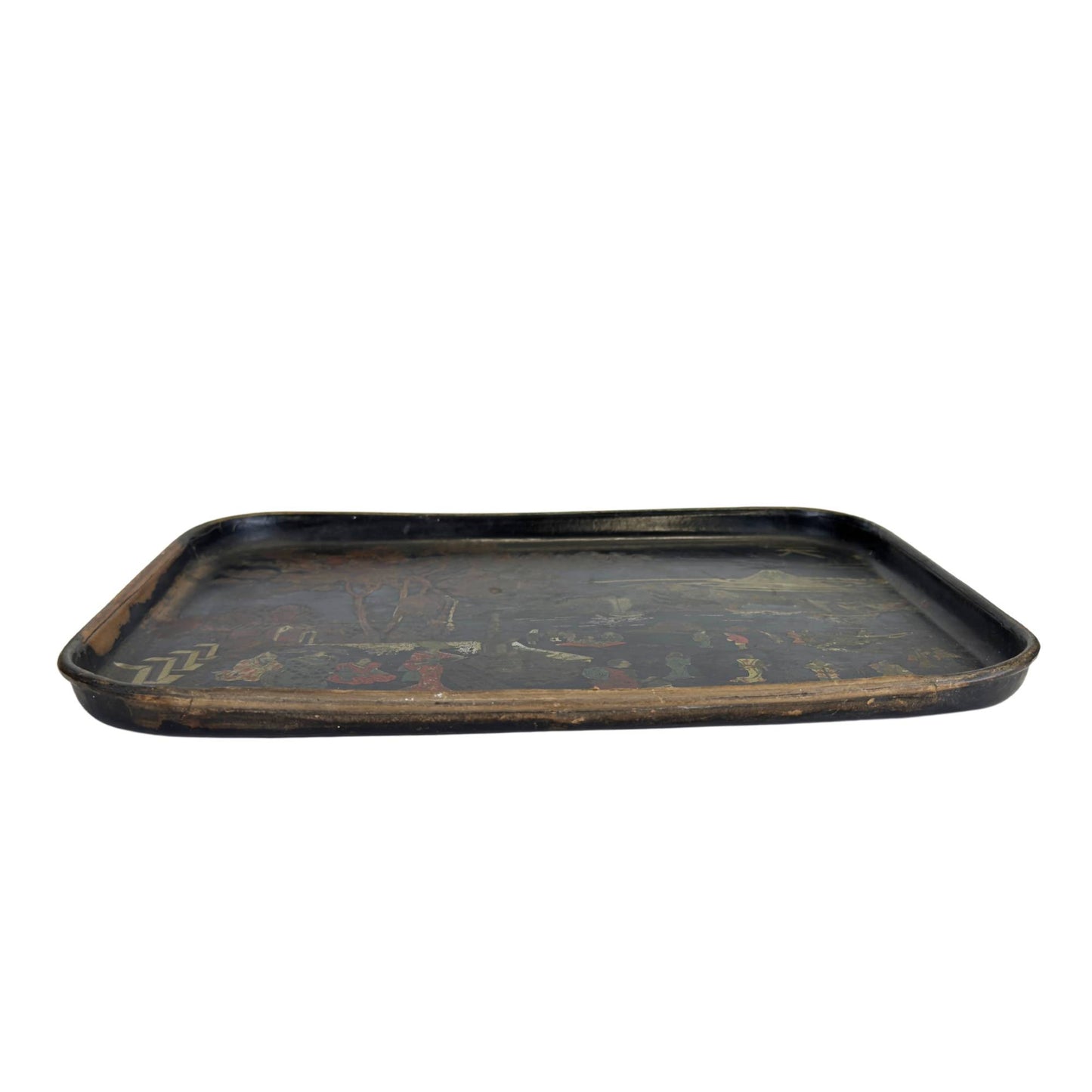 Side view of an antique carton bouilli papier-mâché tray from the Napoleon III period.