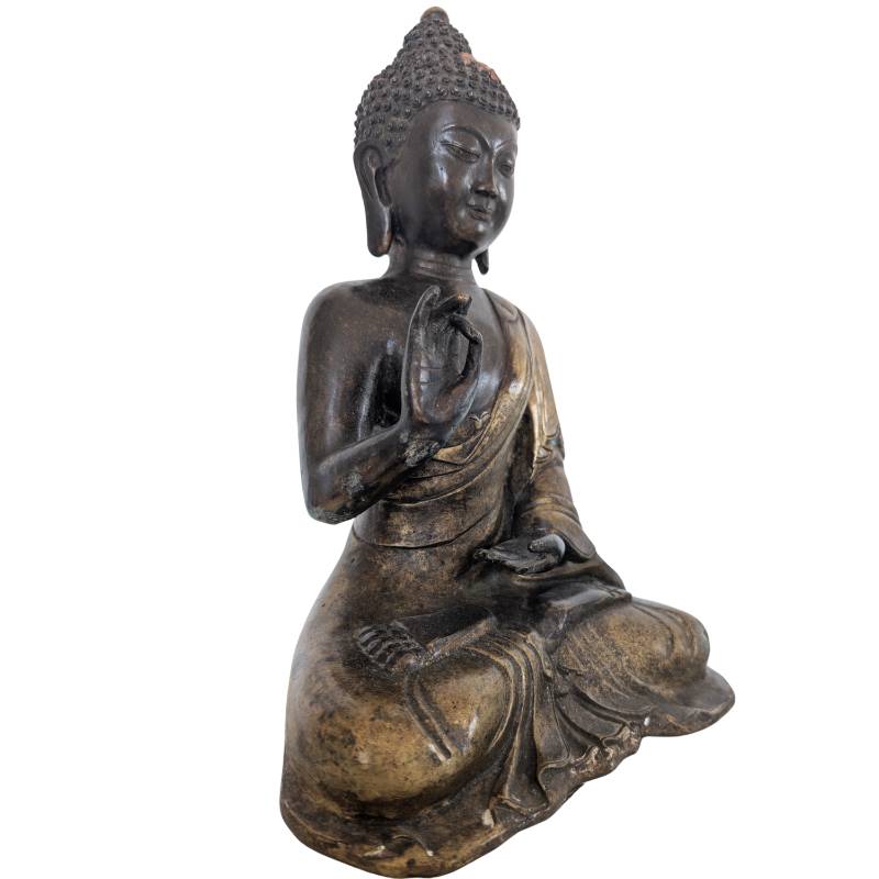 Antique Chinese bronze Buddha statue on a lotus base with natural patina