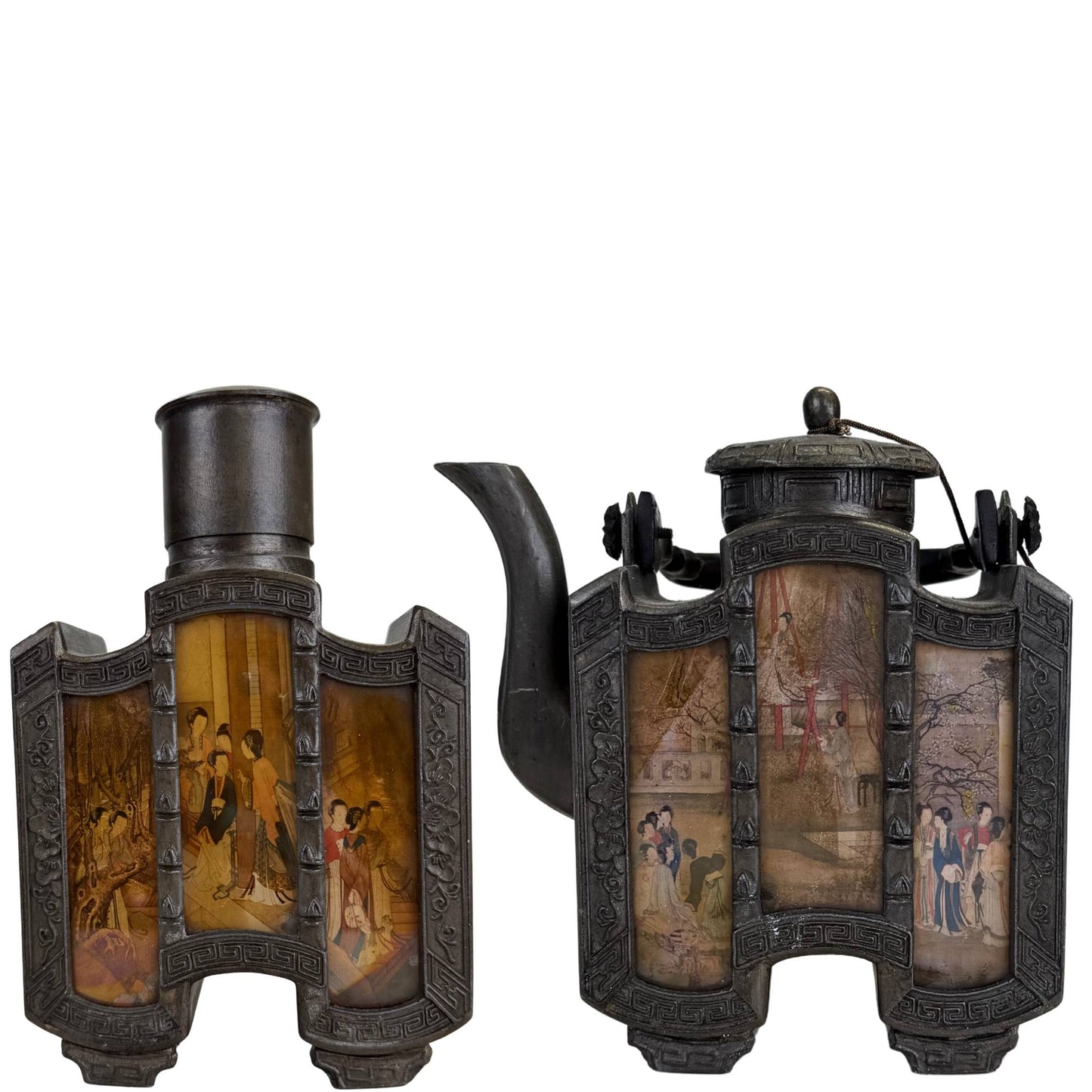 Antique Chinese pewter tea set by Yan Yongli with dark old patina