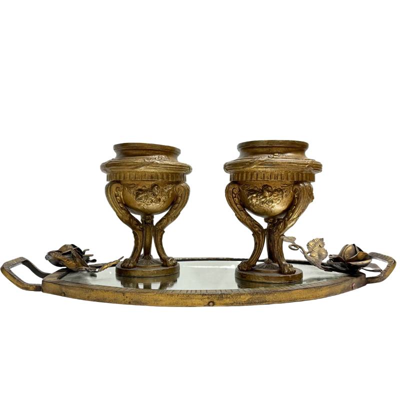 Antique French bronze table set with mirror and two small bowls from Paris

