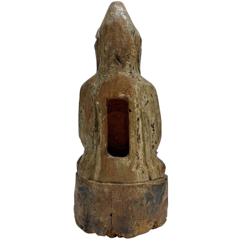 antique wooden Guanyin statue with natural wear and a warm appearance