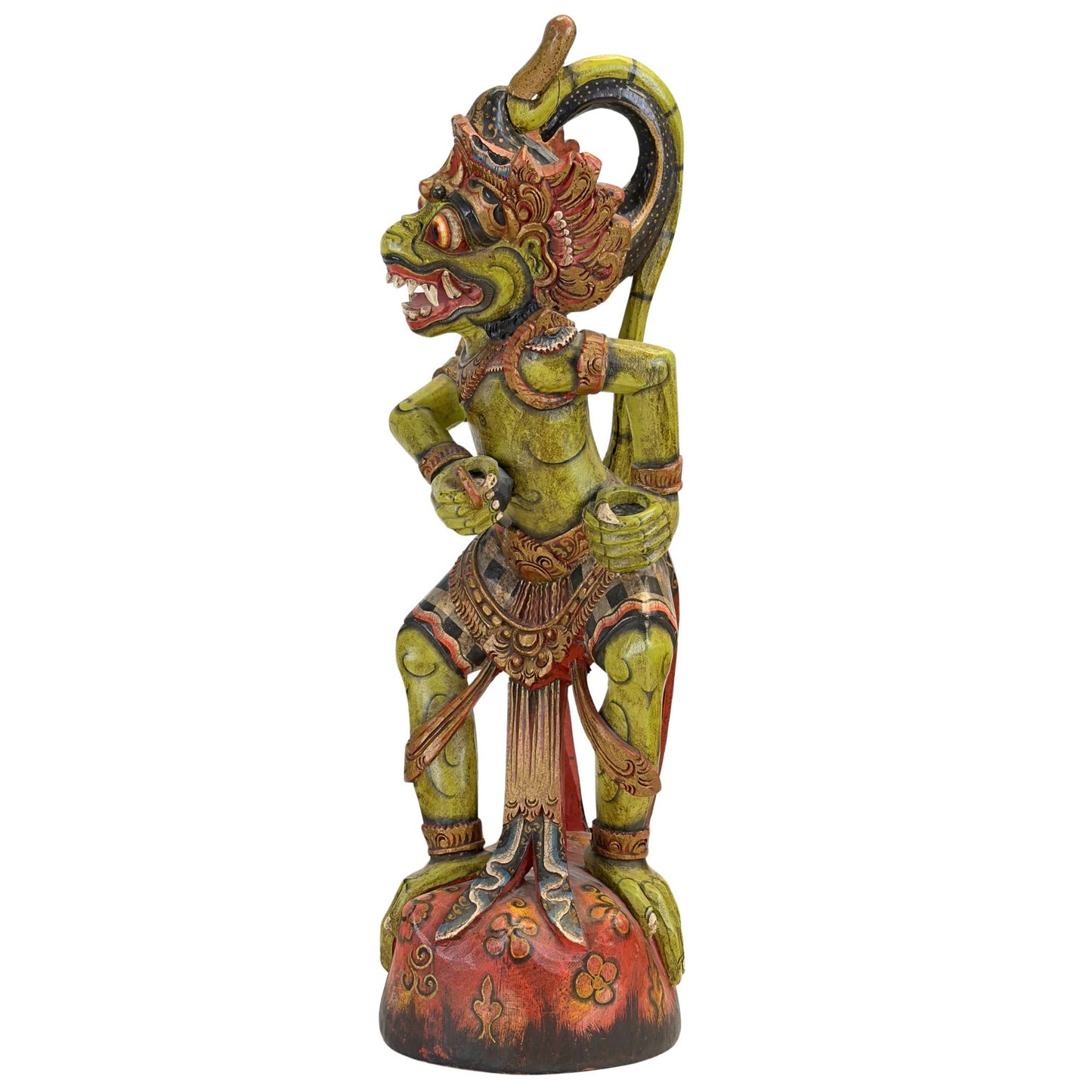 Revers d'une sculpture sur bois balinaise ancienne, montrant les couches de pigments minéraux d'origine altérées par le temps.