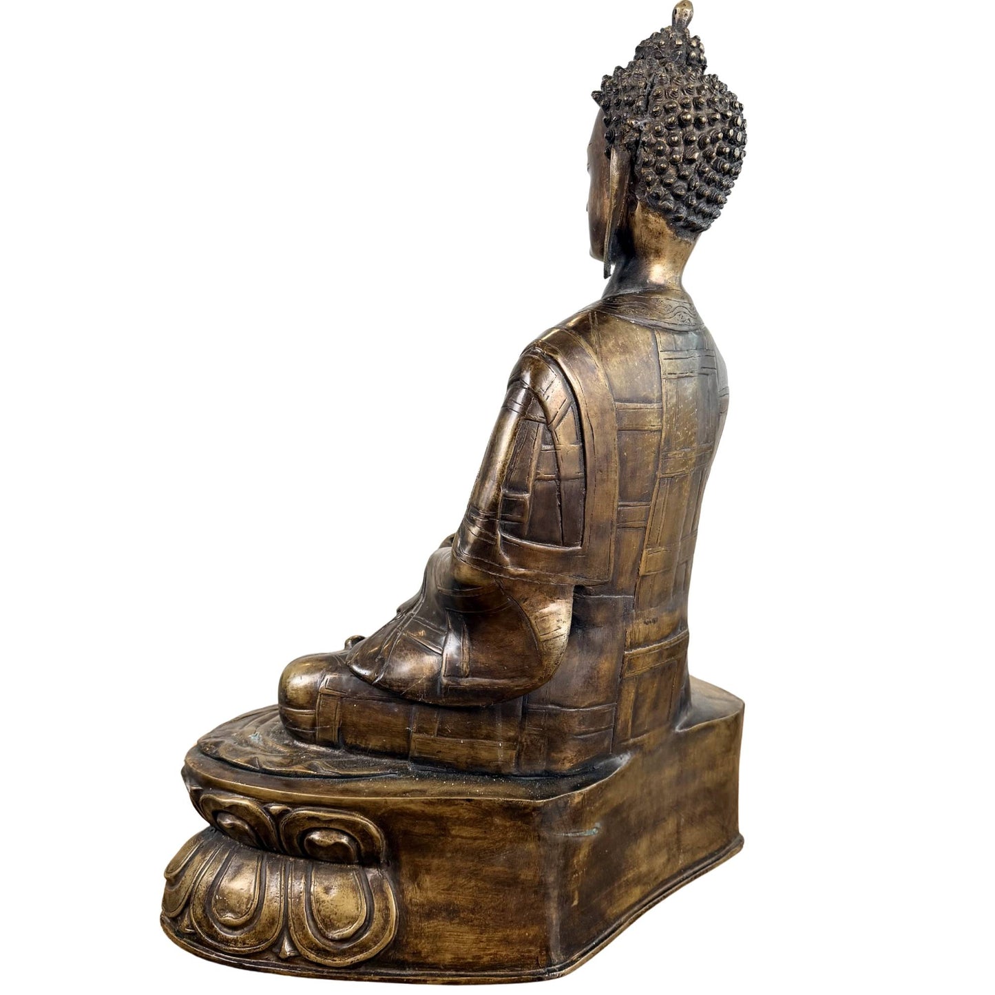 Antique bronze Himalayan Buddha statue with a warm golden patina and a ritual appearance