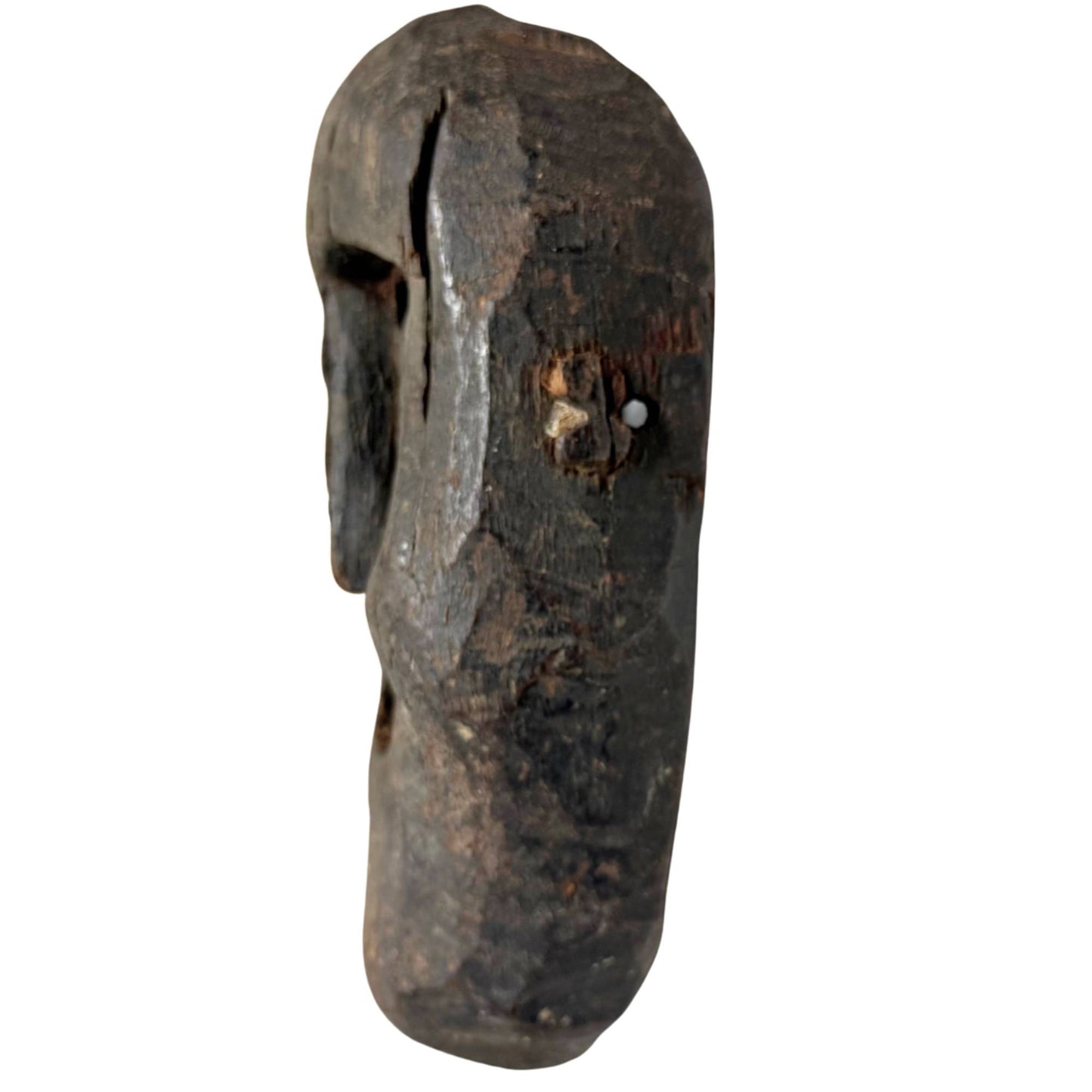 Antique Himalayan mask with original mounting holes, dark wooden shaman mask with old signs of wear