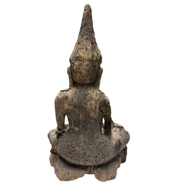 Antique wooden Buddha statue for meditation spot, altar, or quiet living space