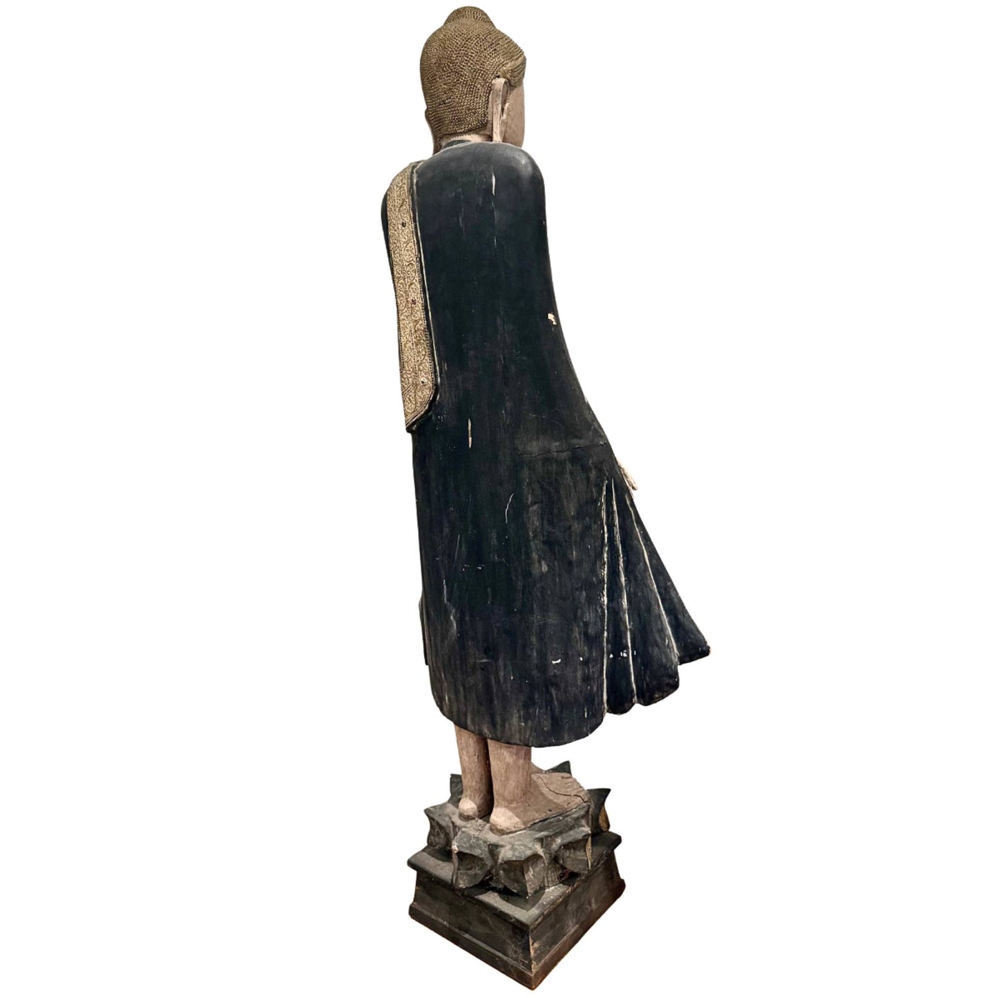 Antique wooden Buddha statue from Burma, large standing temple statue with original wear and characterful patina