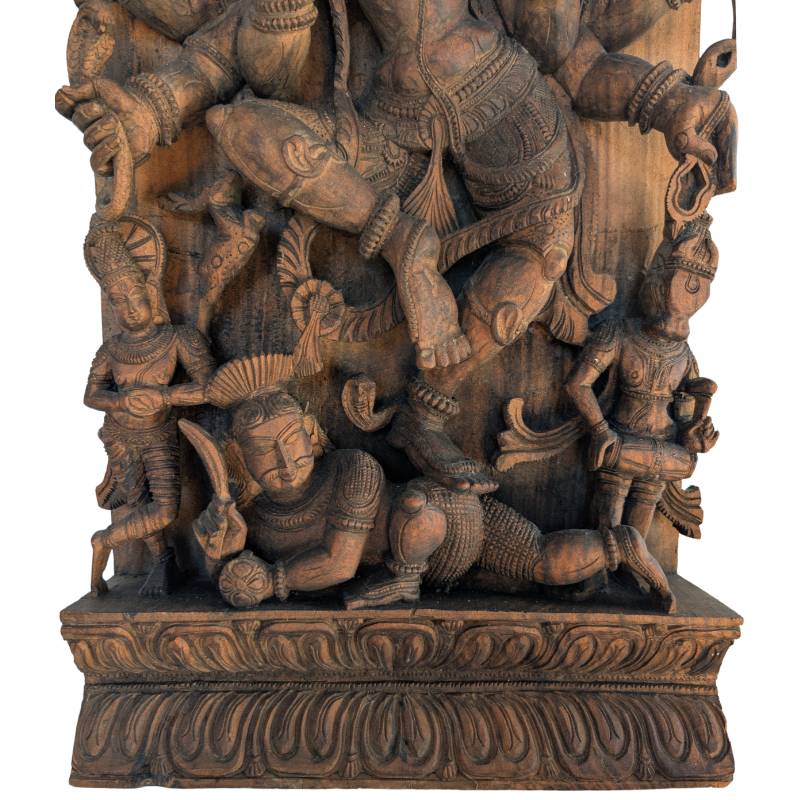 Antique wooden Durga panel India temple relief statue