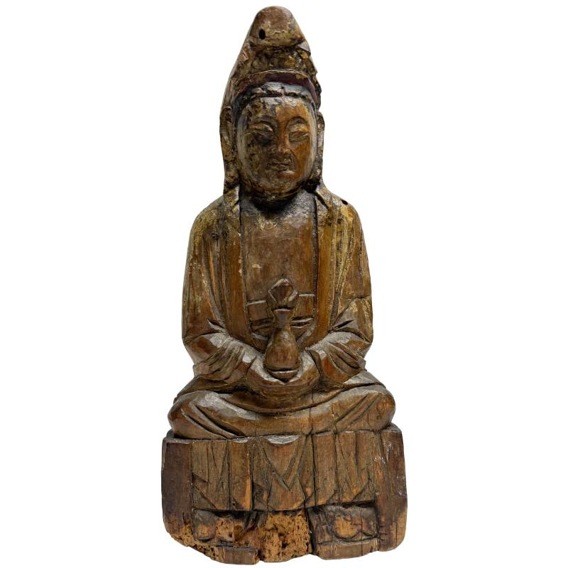 Statue Kwanyin antique en bois avec ouverture rituelle