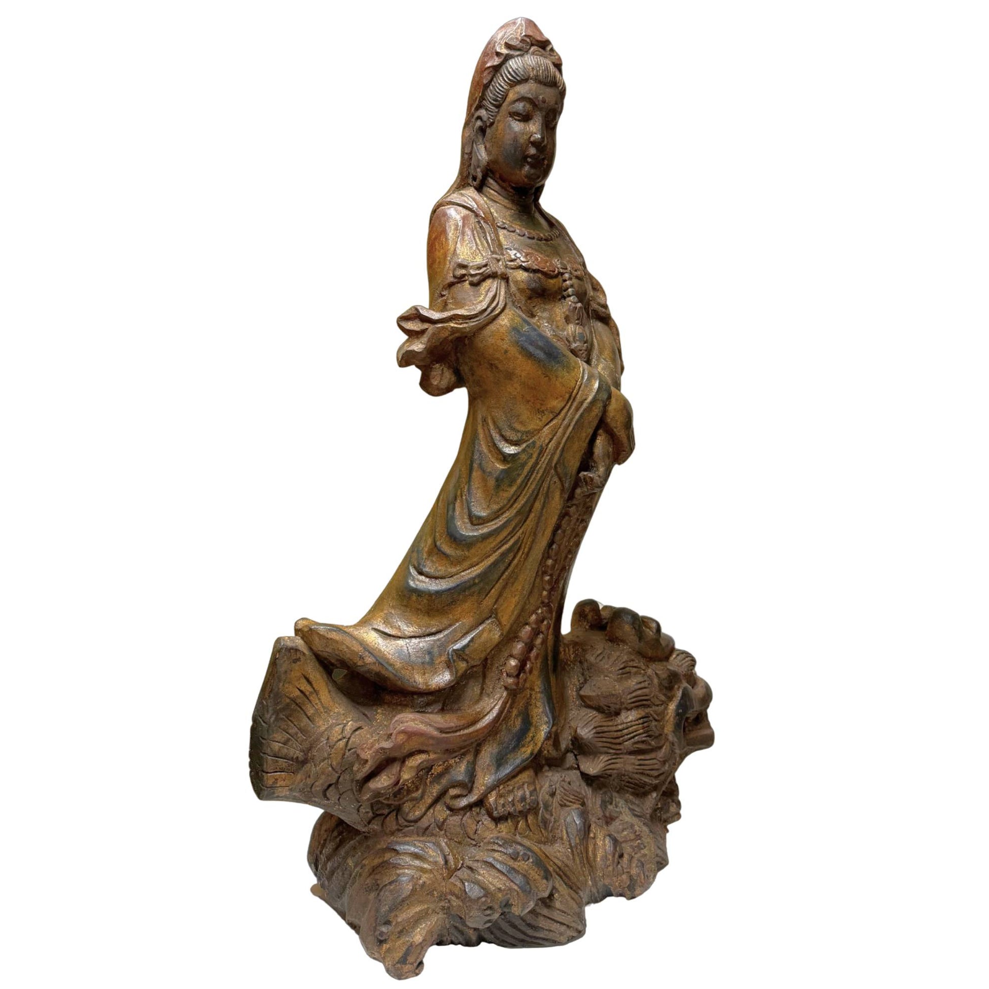 Antique wooden Kwanyin statue on a dragon, Qing Dynasty, China