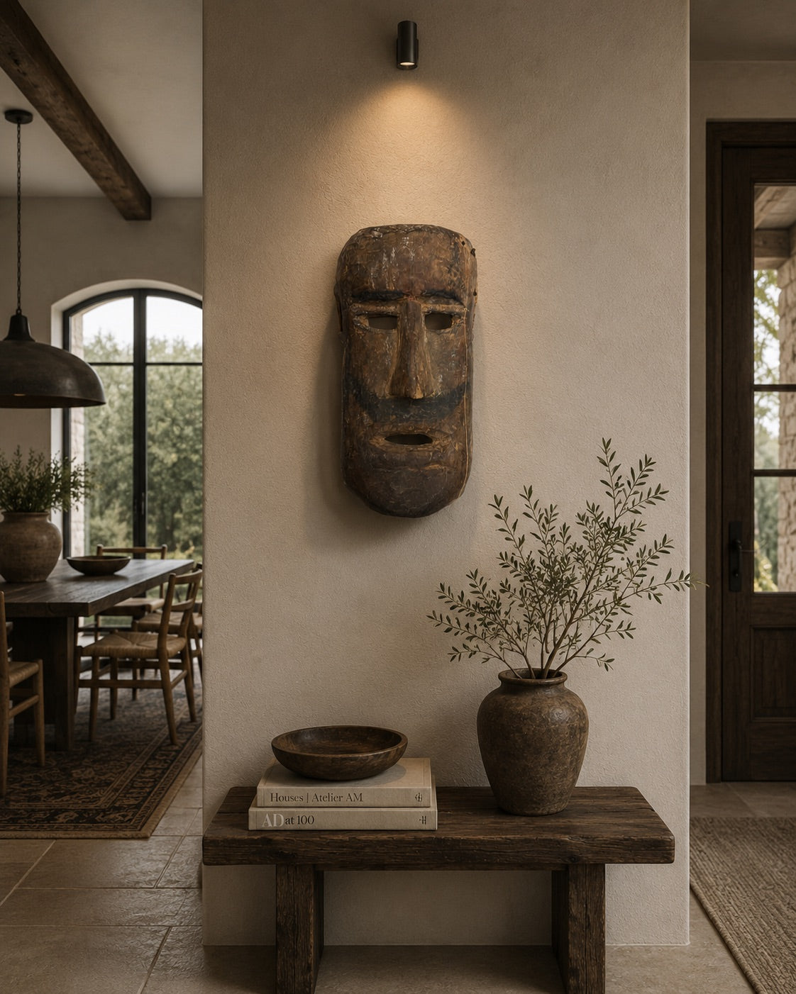 Antique wooden mask with original painting, shamanistic Himalayan object with black beard line and old signs of use