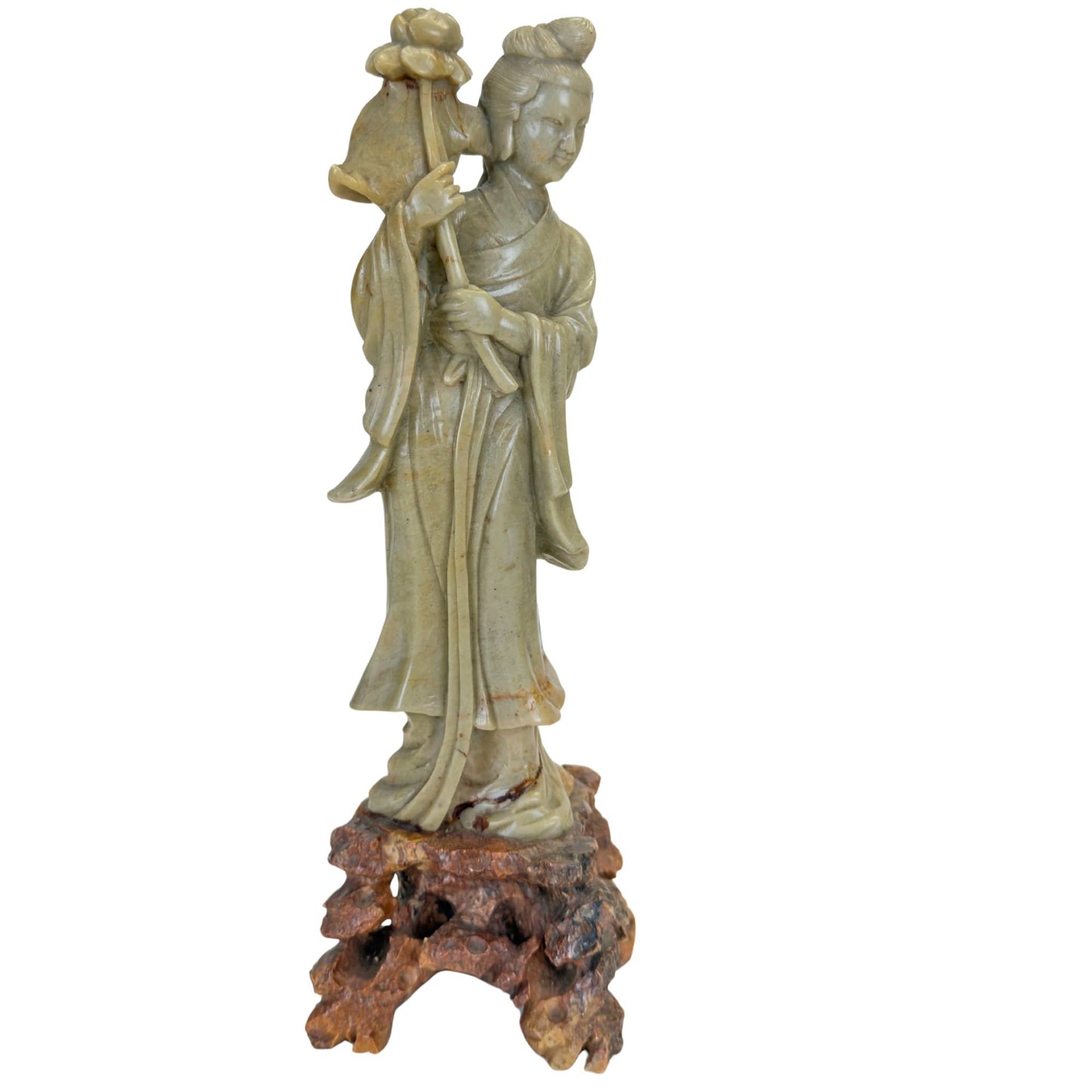 Front view of an antique 18th-century wooden temple panel depicting the goddess Lakshmi from South India.
