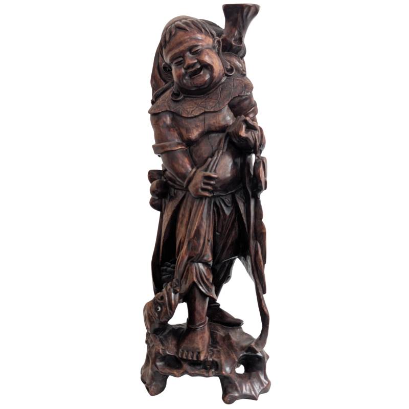 Antique Japanese Ebisu statue in hand-carved rosewood, early 20th century