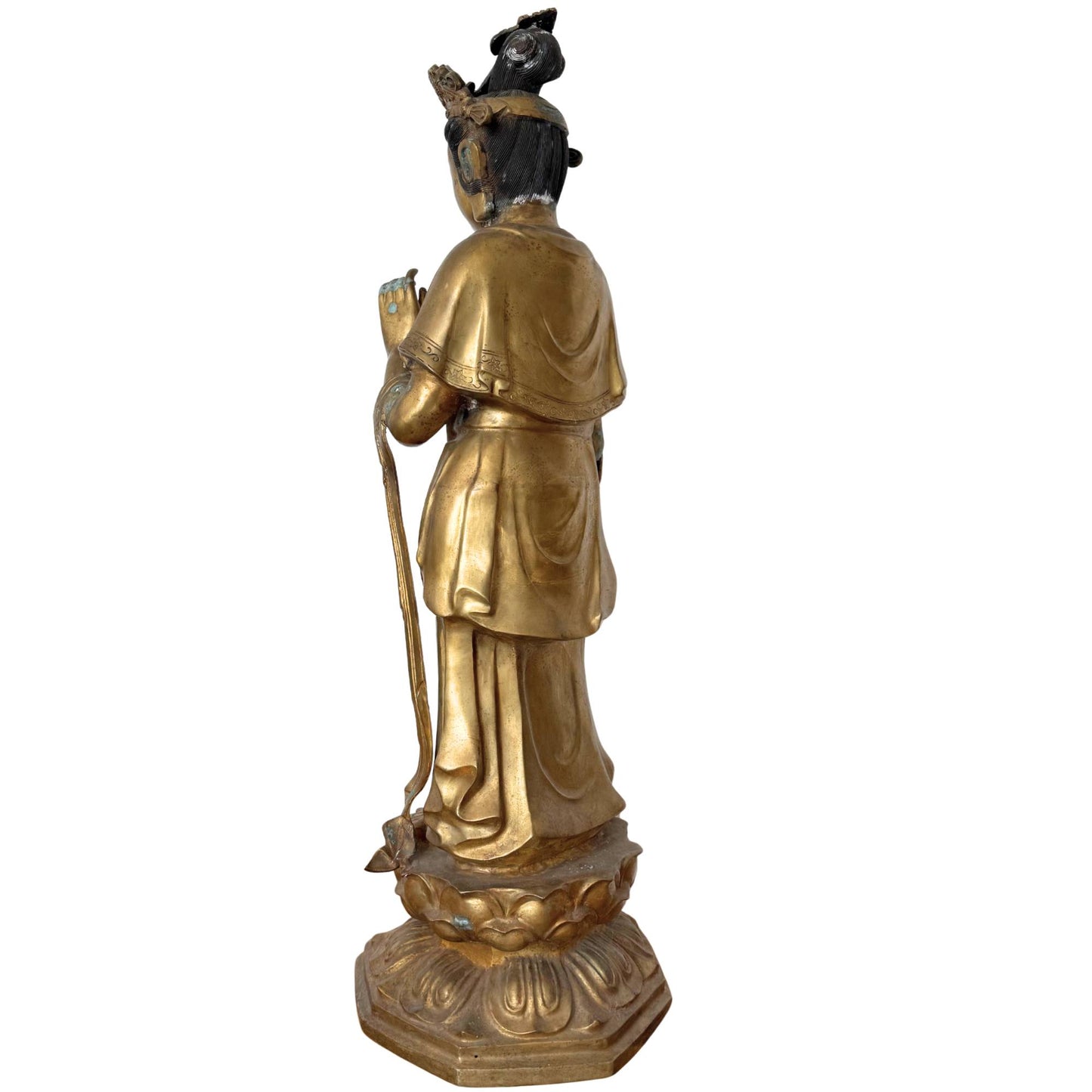 Rear view of the Kannon, focusing on the architectural structure of the hexagonal plinth and the double lotus base.