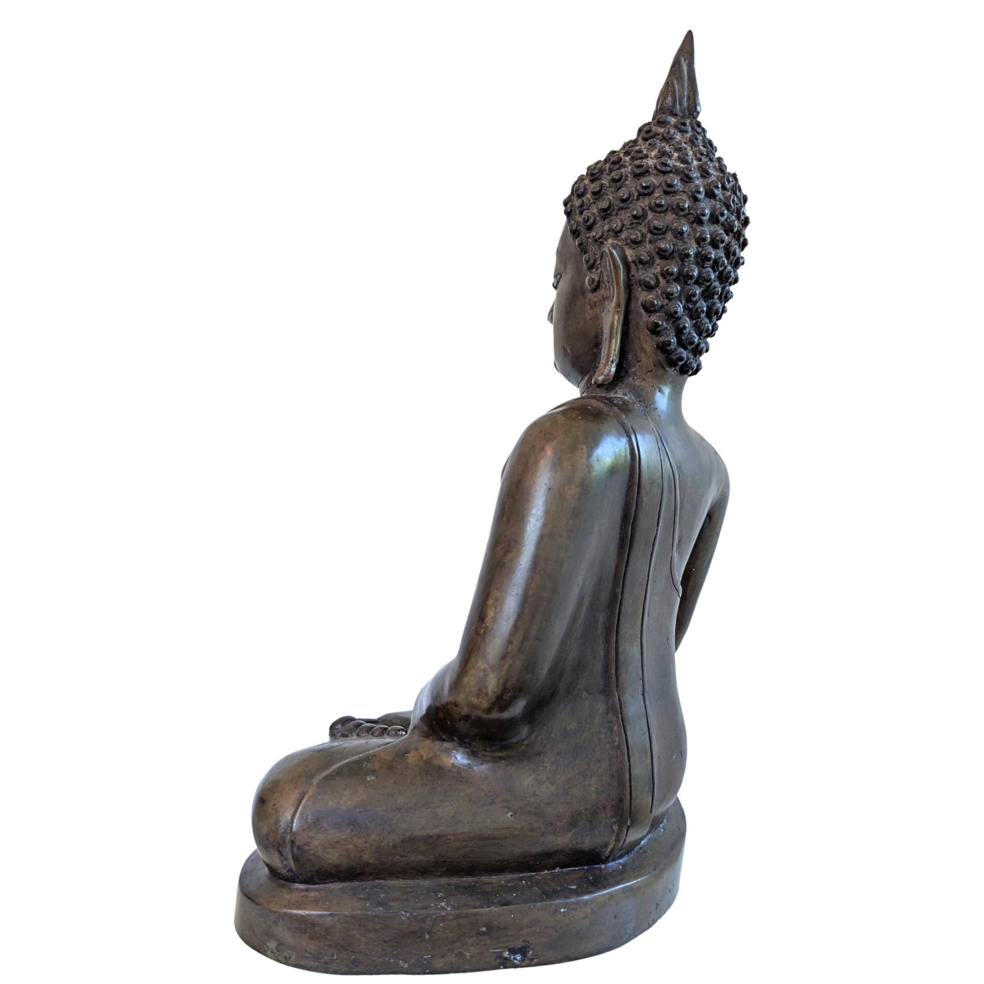 Large antique Laotian Buddha statue of fire-gilded bronze with ivory inlay