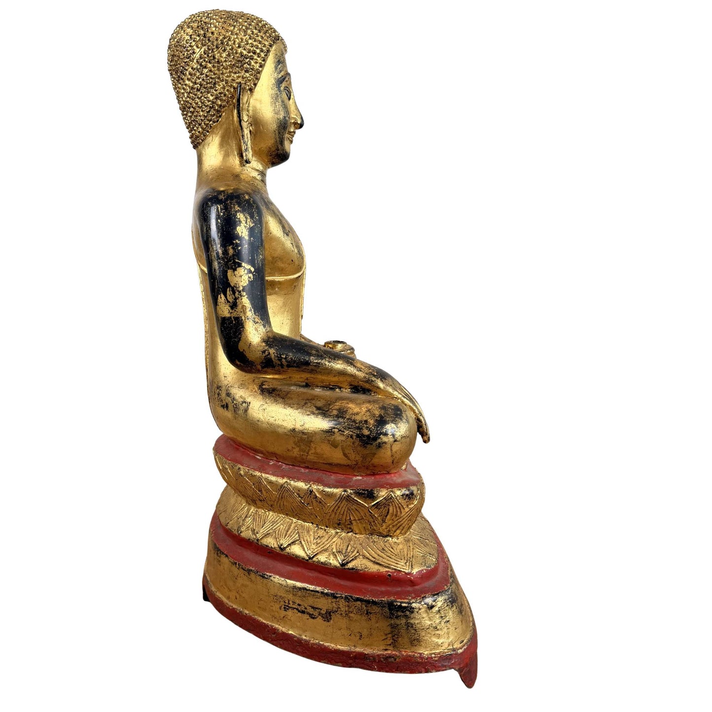 Antique Mandalay Buddha statue with inlaid eyes, gold-colored finish, and peaceful facial expression from Myanmar