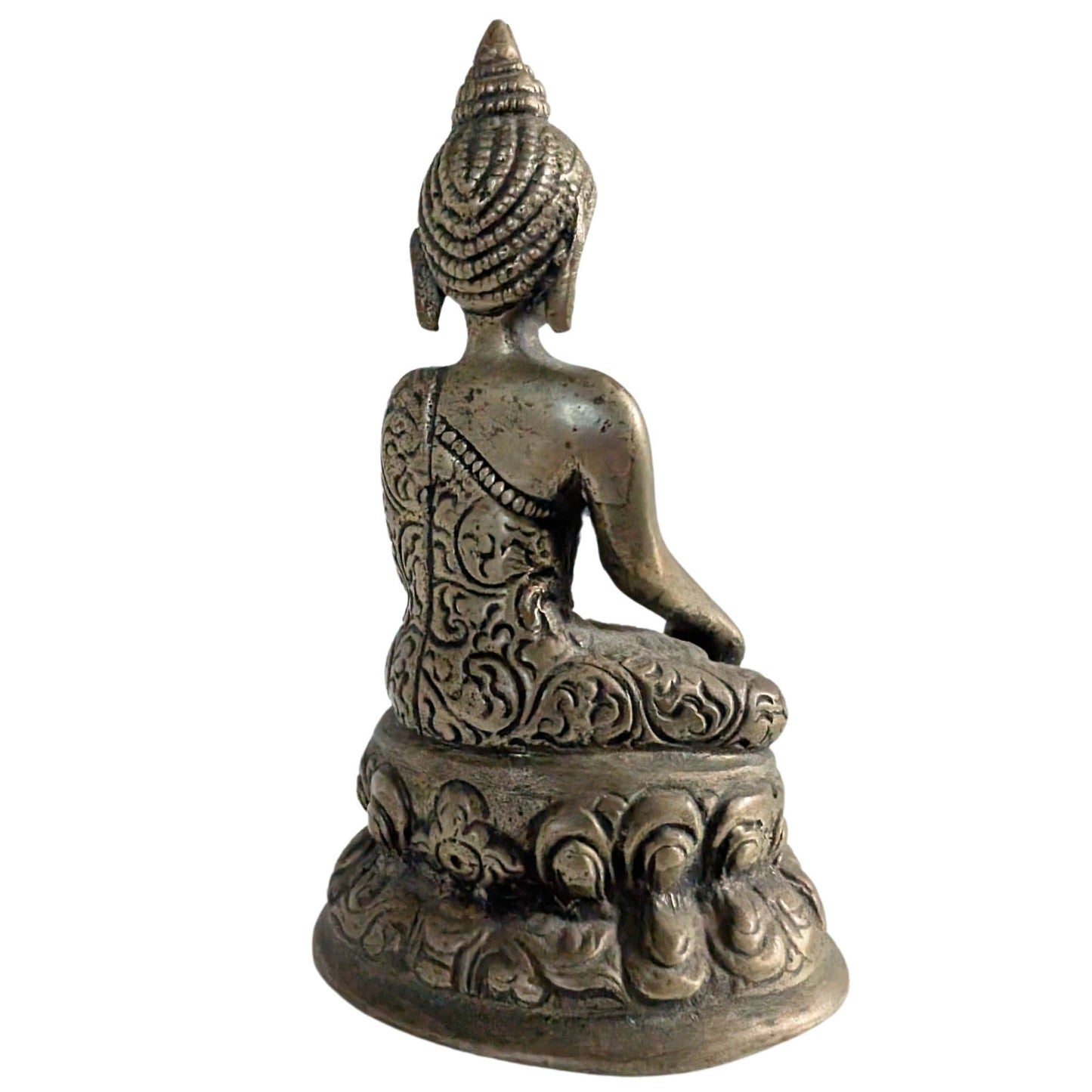 Antique-looking Nepalese handcrafted Buddha figurine made of solid brass.