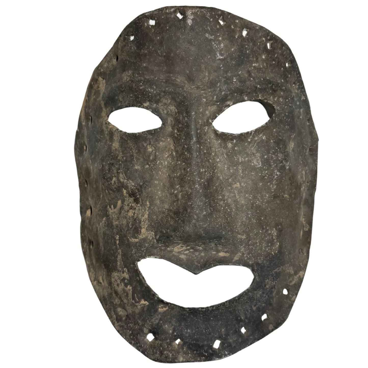 Extremely rare antique hand-beaten metal shaman mask from the Himalayas, crafted from tin-zinc sheet metal with an old patina