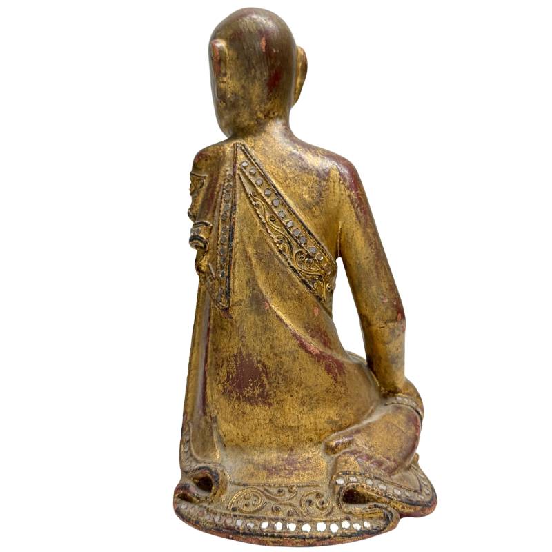 Rear view of the wooden statue with visible patina and wood carving.2