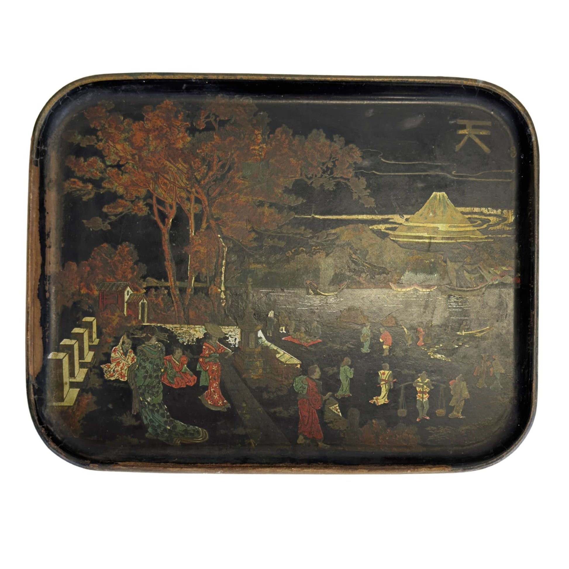 Antique Napoleon III tray with Japonism decoration and Mount Fuji, France, circa 1870