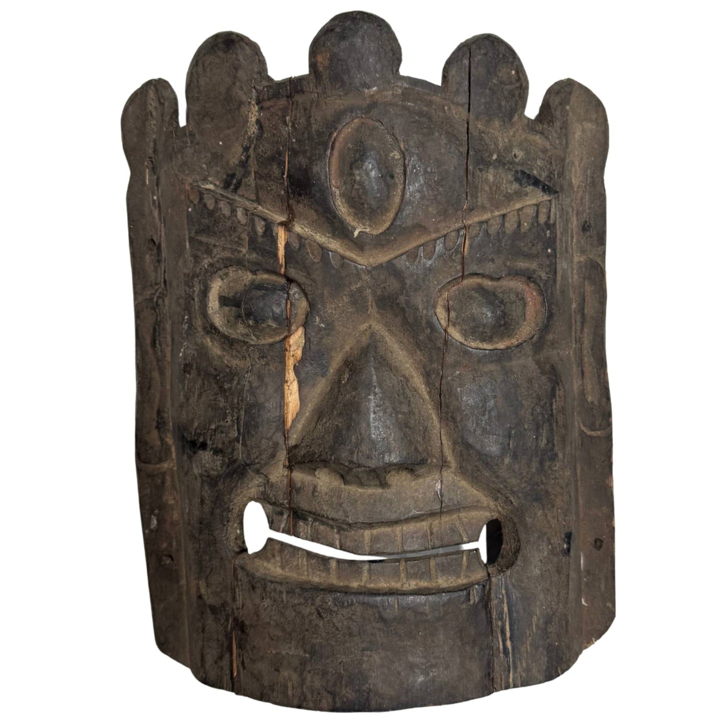 Antique Nepalese wooden mask, Himalayan ritual mask with old dark patina and powerful expression
