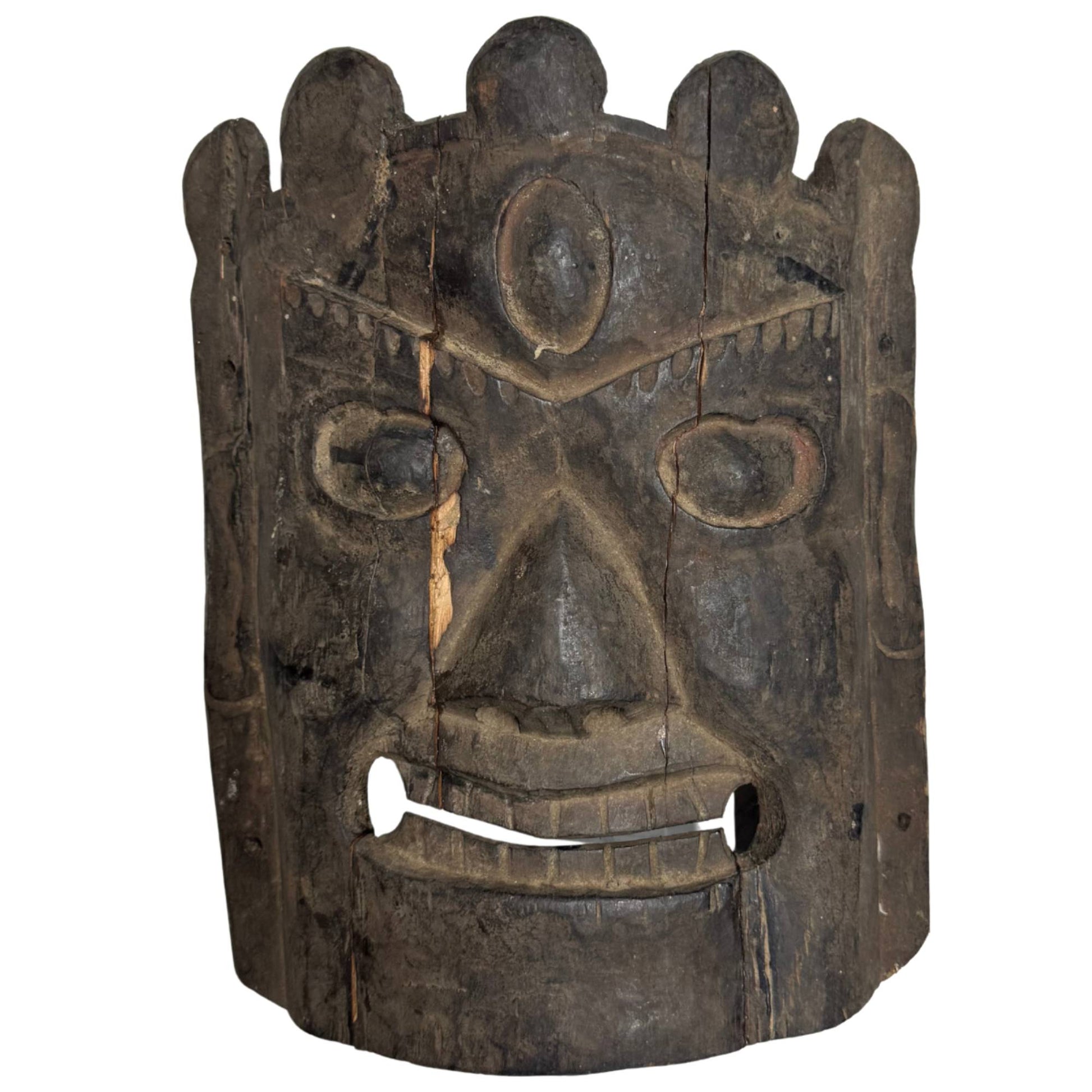 Antique Nepalese wooden mask, Himalayan ritual mask with old dark patina and powerful expression