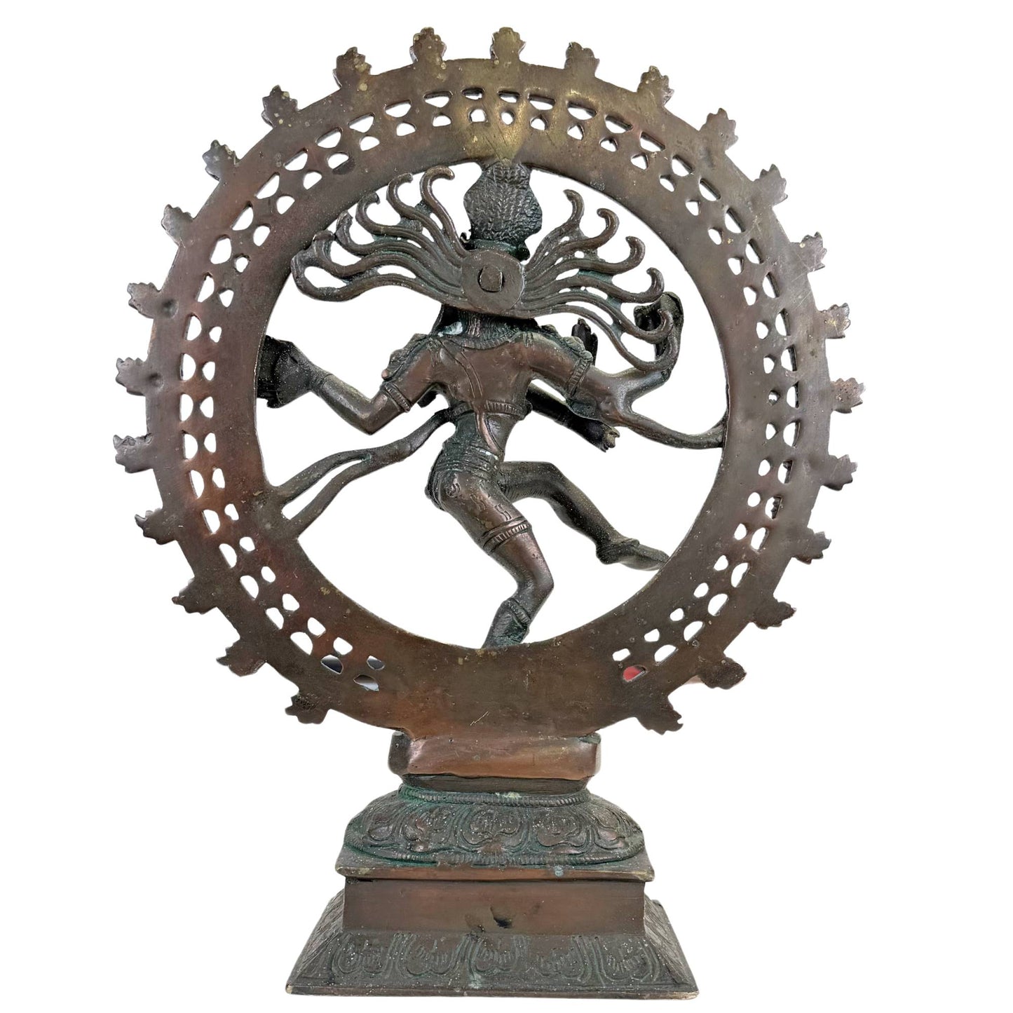 Antique bronze Shiva statue with ritual green oxidation, openwork fire ring, and classical Nataraja iconography