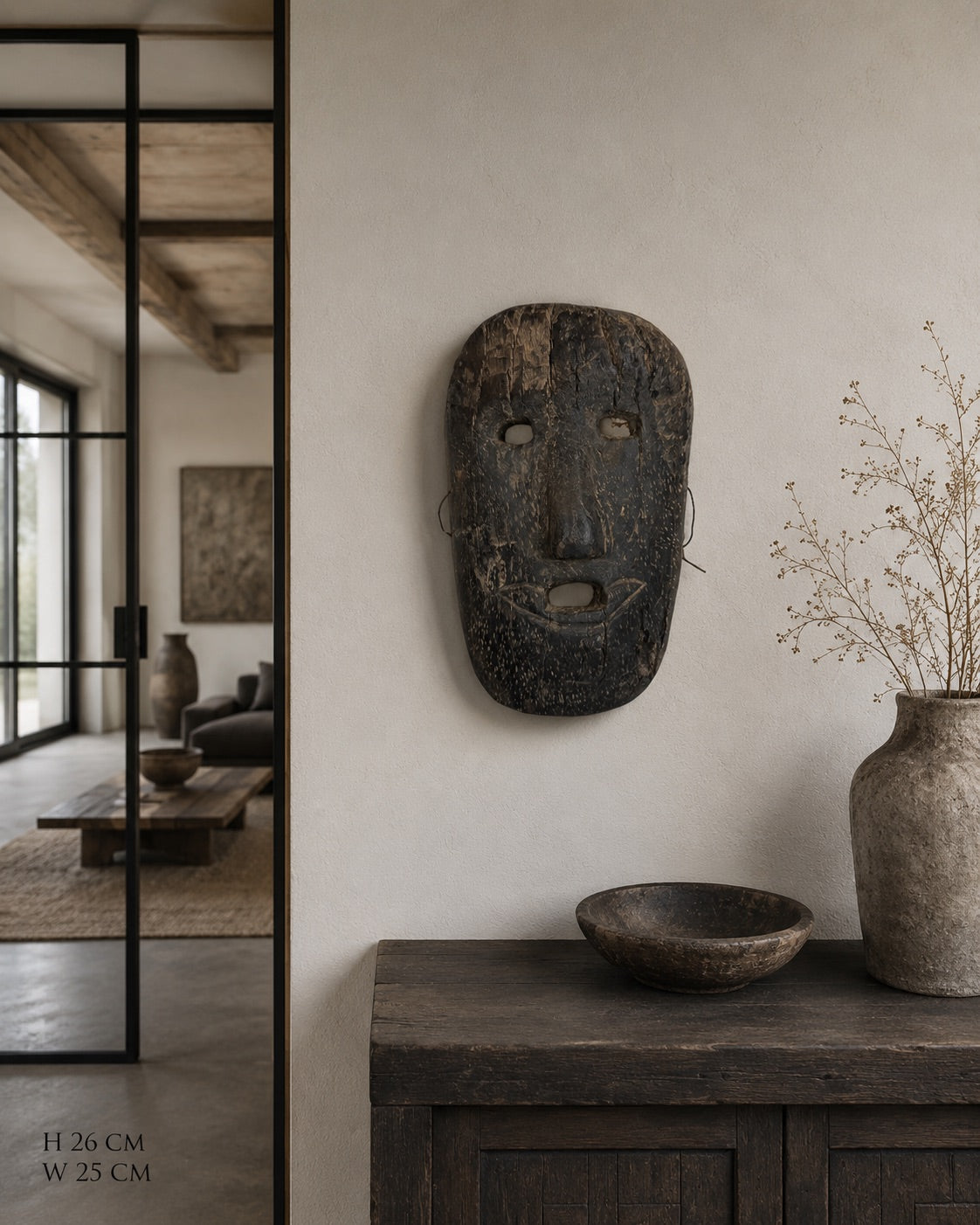 Antique wooden shamanistic wall mask, wide Himalayan mask with dark patina and a powerful, primitive appearance