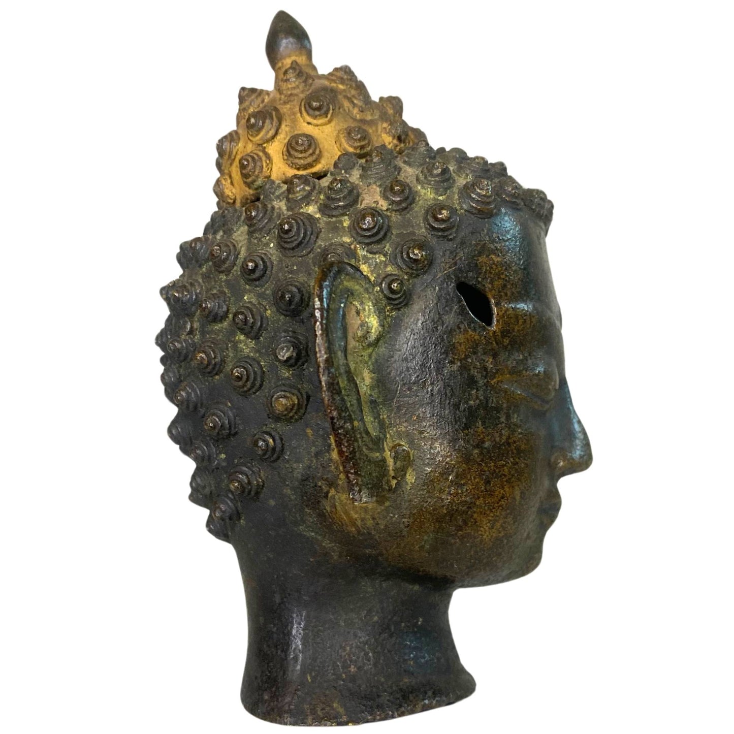 Full side view shows the deep brown patina and green oxidation on the bronze.