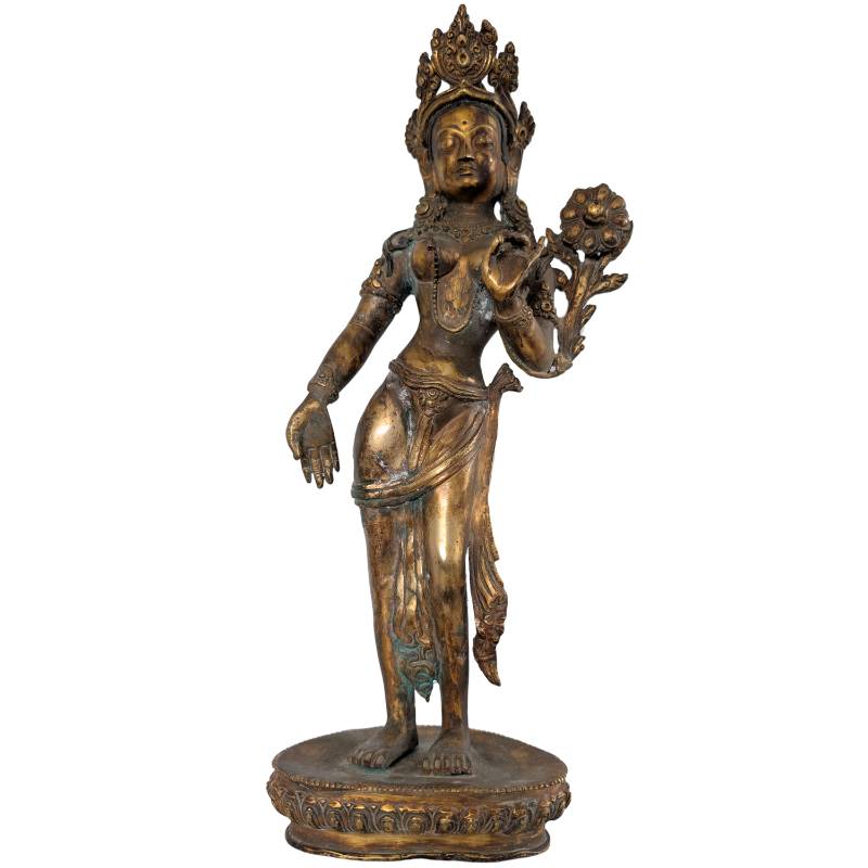 Antique Tara statue Nepal bronze standing with lotus utpala varada mudra fire-gilded