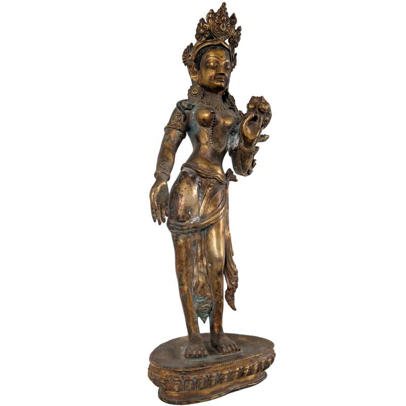 Antique Tara statue, Nepal, fire-gilded bronze with utpala lotus varada mudra, rare and valuable