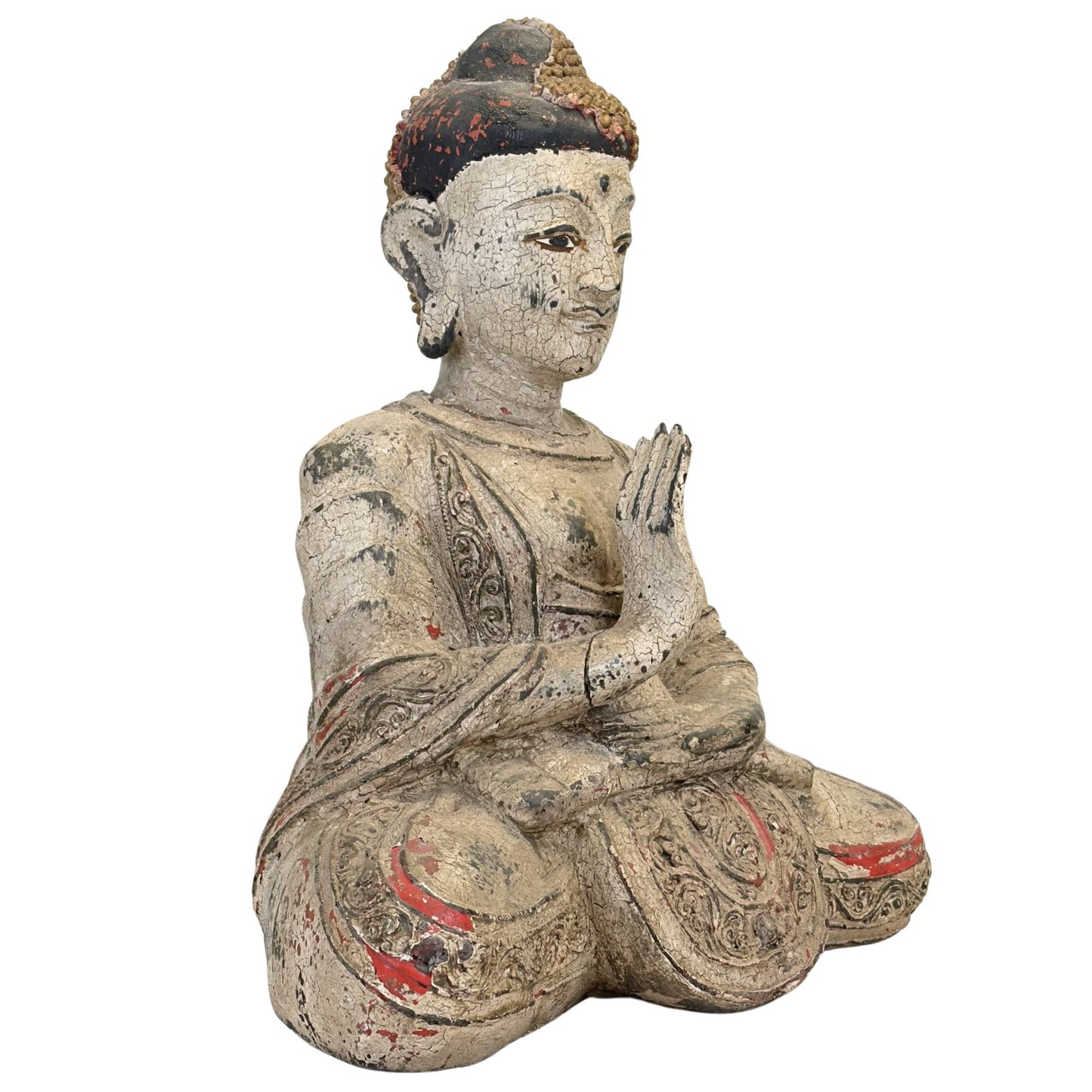 Rare Bouddha birman couronné, orné de motifs historiques en pâte laquée Thayo le long des lignes de la robe