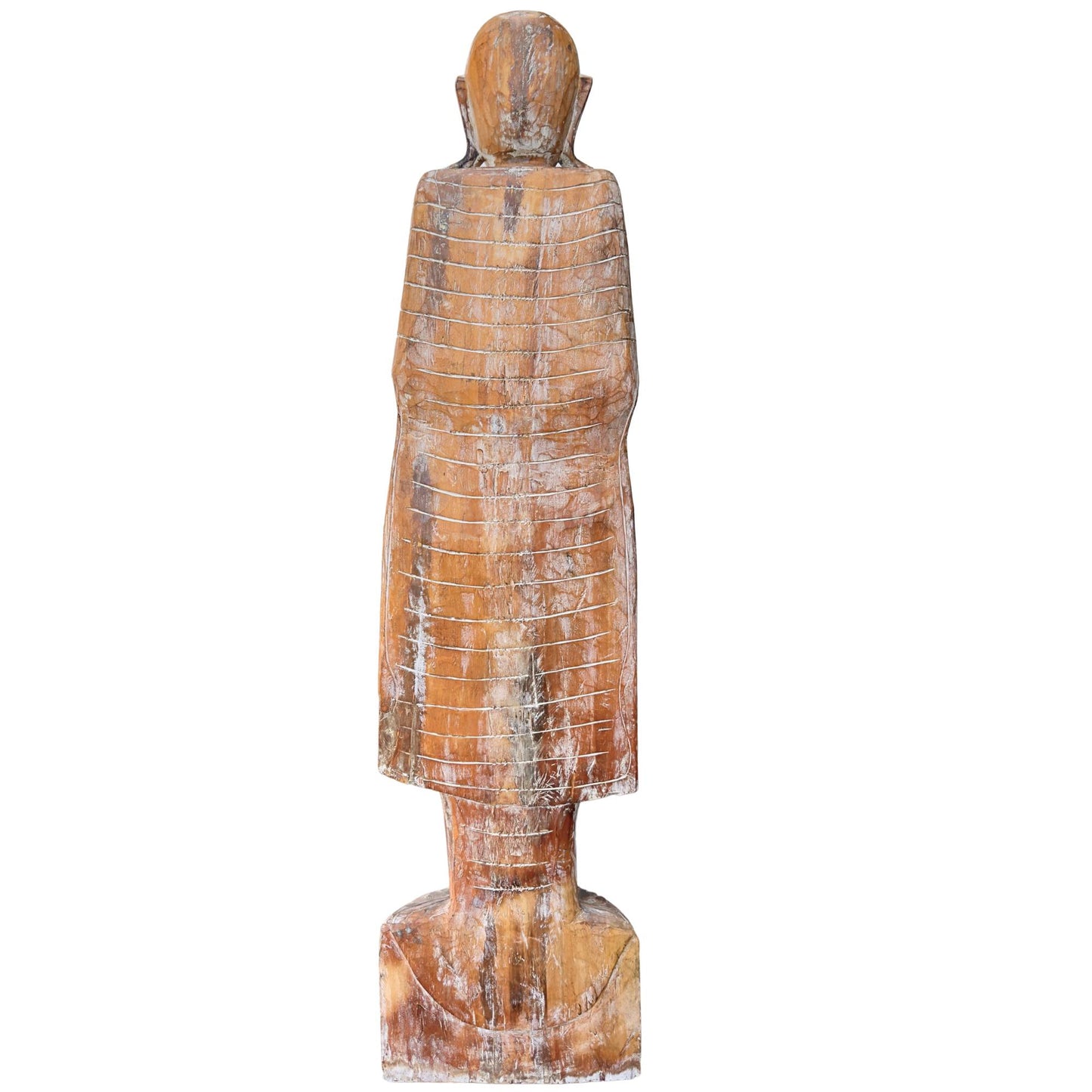 Vue arrière intégrale de la sculpture en teck de 42 kilogrammes montrant le retrait vertical naturel et les lignes de séchage sur toute sa longueur.