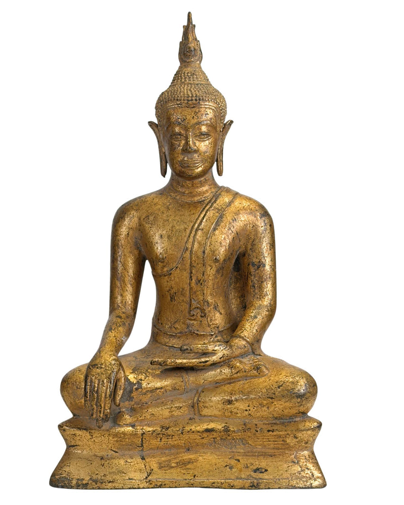 Statue antique de Bouddha thaïlandais en Bhumisparsha Mudra - Style Rattanakosin XVIIIe/XIXe siècle - Bronze doré - Thais Boeddhabeeld