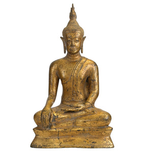 Statue antique de Bouddha thaïlandais en Bhumisparsha Mudra - Style Rattanakosin XVIIIe/XIXe siècle - Bronze doré