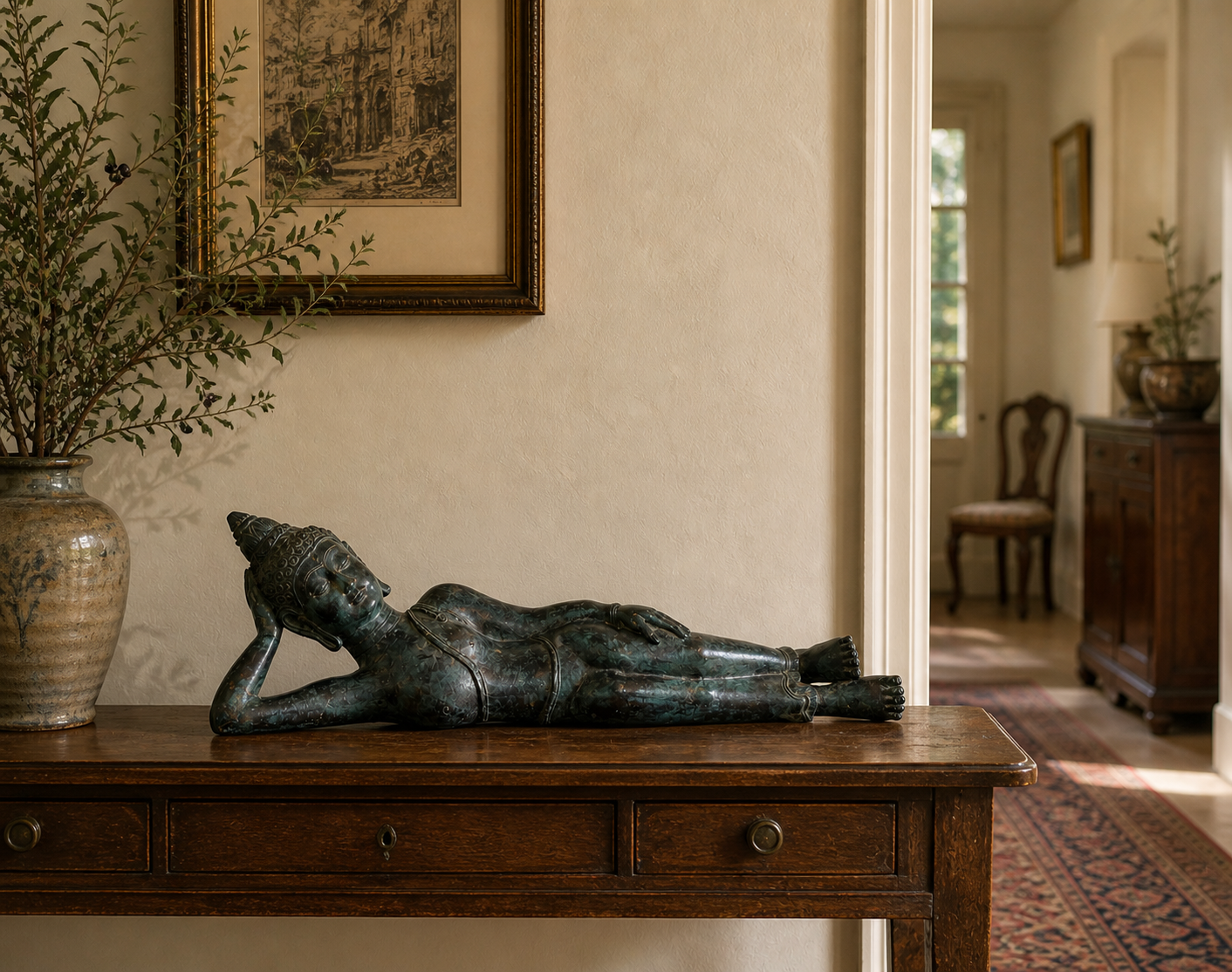 Full profile of an antique reclining Buddha statue from Thailand with slender proportions