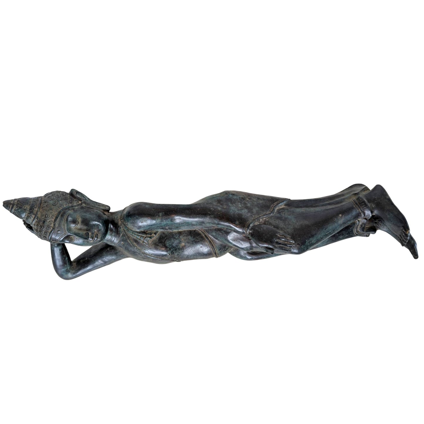Full profile of an antique reclining Buddha statue from Thailand with slender proportions