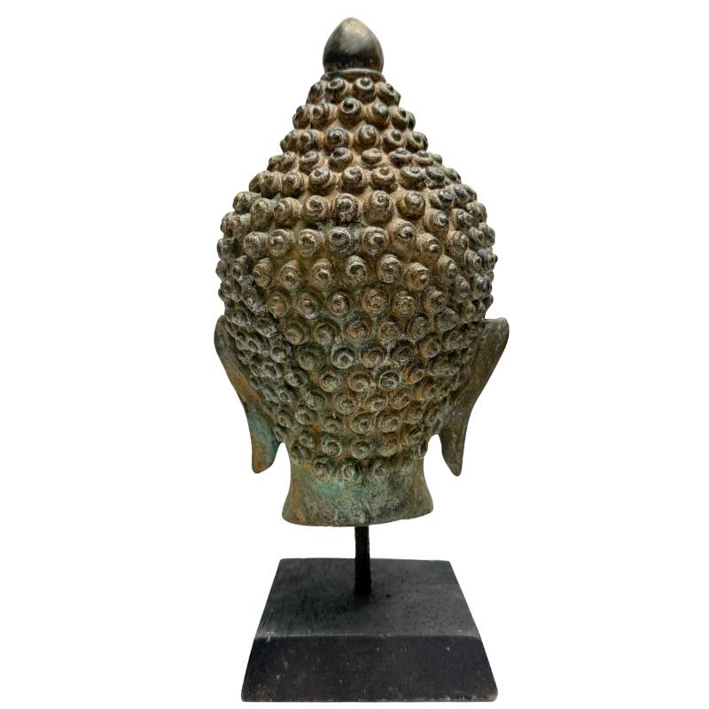 Antique Thai bronze Buddha head in Rattanakosin style with a gentle facial expression