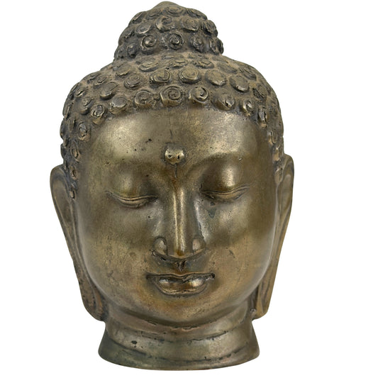 Antiek Thais bronzen Boeddhahoofd in Sukhothai-stijl uit circa 1900 met oude patina, vooraanzicht.