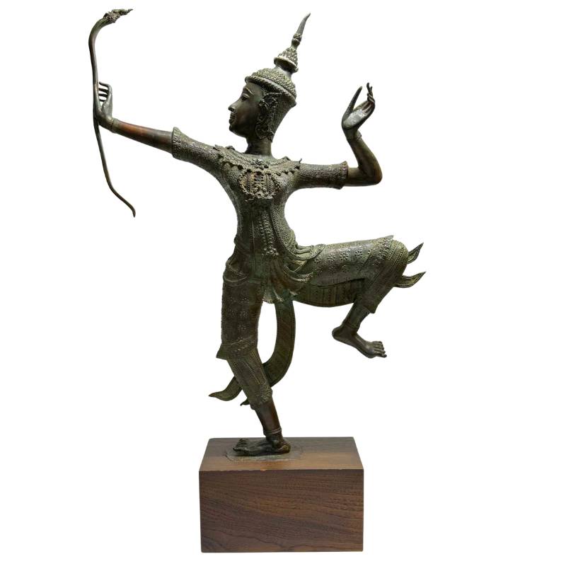 Antique Thai bronze Rama statue in classical court style with a dynamic pose