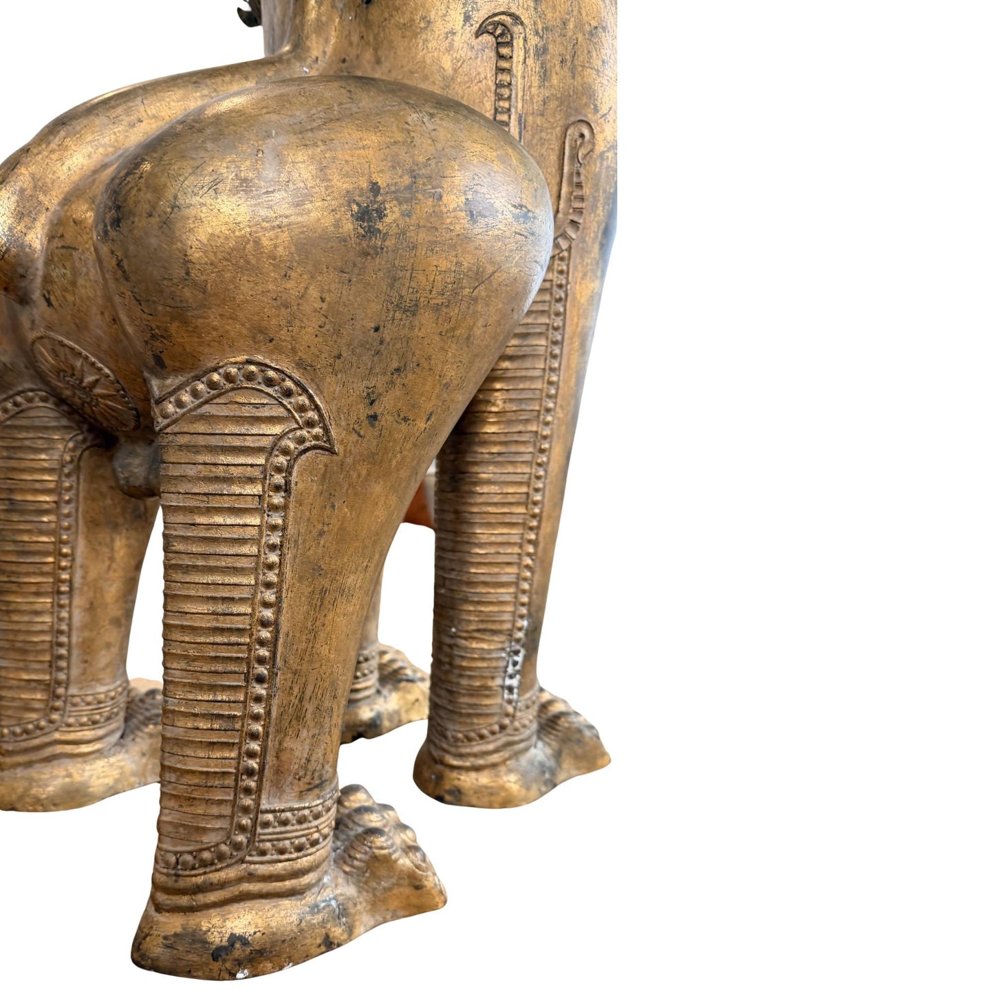 Antique Thai guardian statue of a Singha lion, richly gilded and made for Buddhist temple protection